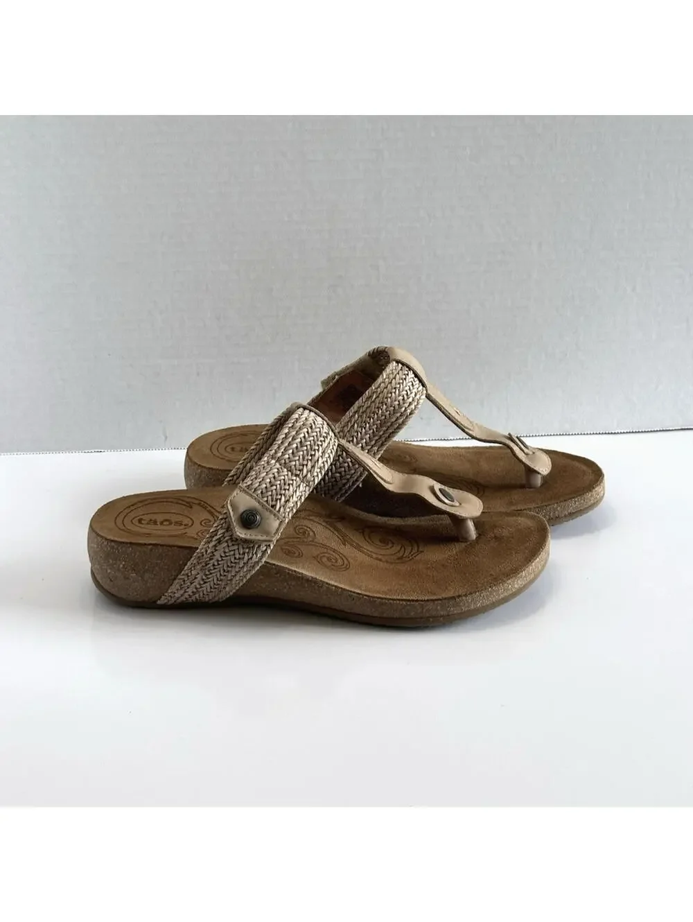Taos Footwear Pam Women’s Size 9 Beige Woven Leather Thong Slide Sandals Cork - Picture 2 of 9